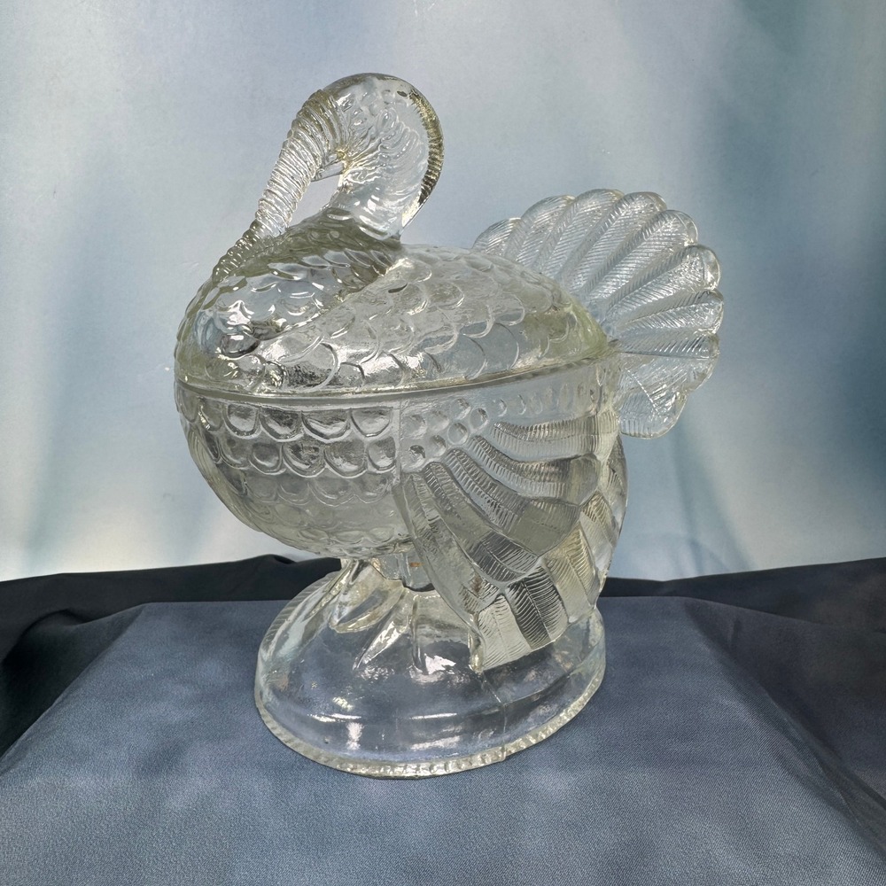 VTG LE Smith Turkey Candy Dish Pressed Clear Glass Thanksgiving Fall Harvest